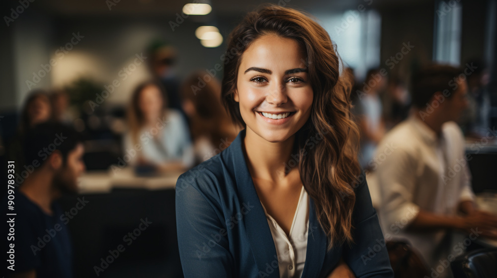 Female designer with colleagues in the background at the office, photography. Female designer with colleagues in the background at the office, photography.