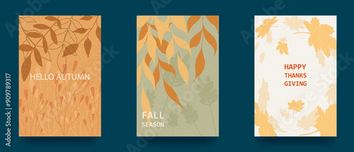 Autumn abstract poster in modern hipster style. Autumn leaves, berries, spots. Trendy modern art with autumn elements. Sale template.