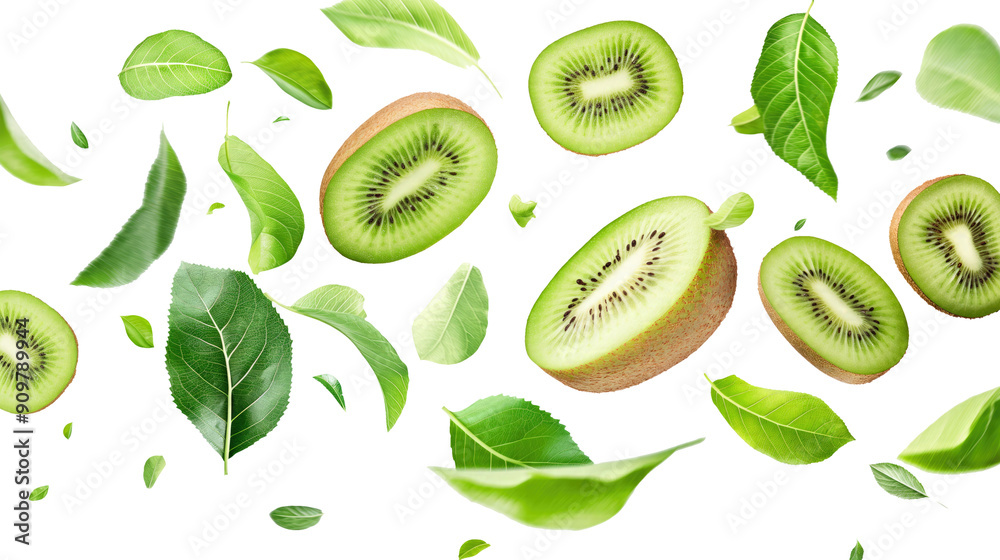 kiwi fruit with half slices and green leaves isolated on transparent white background, clipping path kiwi fruit with half slices and green leaves isolated on transparent white background, clipping path