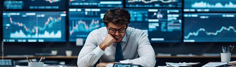 Obraz premium an investor in panic mode, surrounded by financial news clippings and screens showing a market downturn, sitting at a cluttered desk with a furrowed brow and a sense of urgency