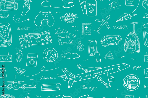 Cute seamless pattern of  travel in doodle style. Suitcase, baggage, plane, fly, ticket, postcard, flight, boarding pass, clouds, view from the window, postage stamp, passport stamp, passport, route