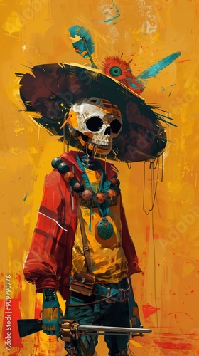 Artistic skeleton with glowing eyes and colorful attire.
 photo