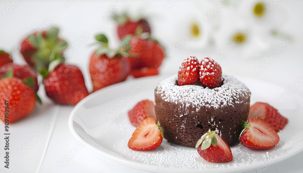 Chocolate fondant (cupcake) with strawberries and powdered sugar Chocolate fondant (cupcake) with strawberries and powdered sugar
