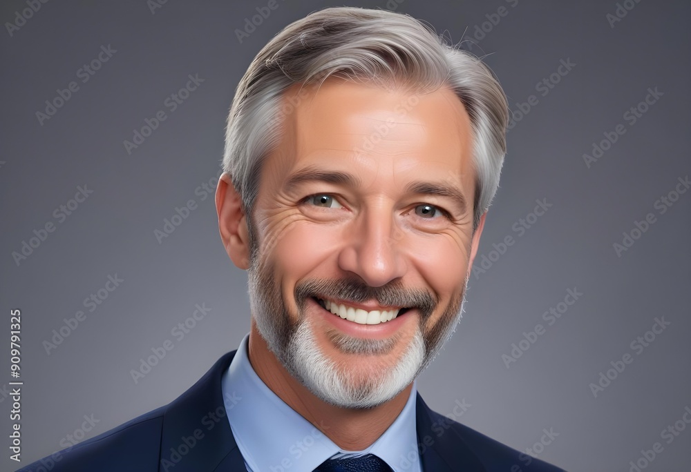 A middle-aged Caucasian man with short gray hair and a beard, wearing a navy blue suit and smiling at the camera A middle-aged Caucasian man with short gray hair and a beard, wearing a navy blue suit and smiling at the camera