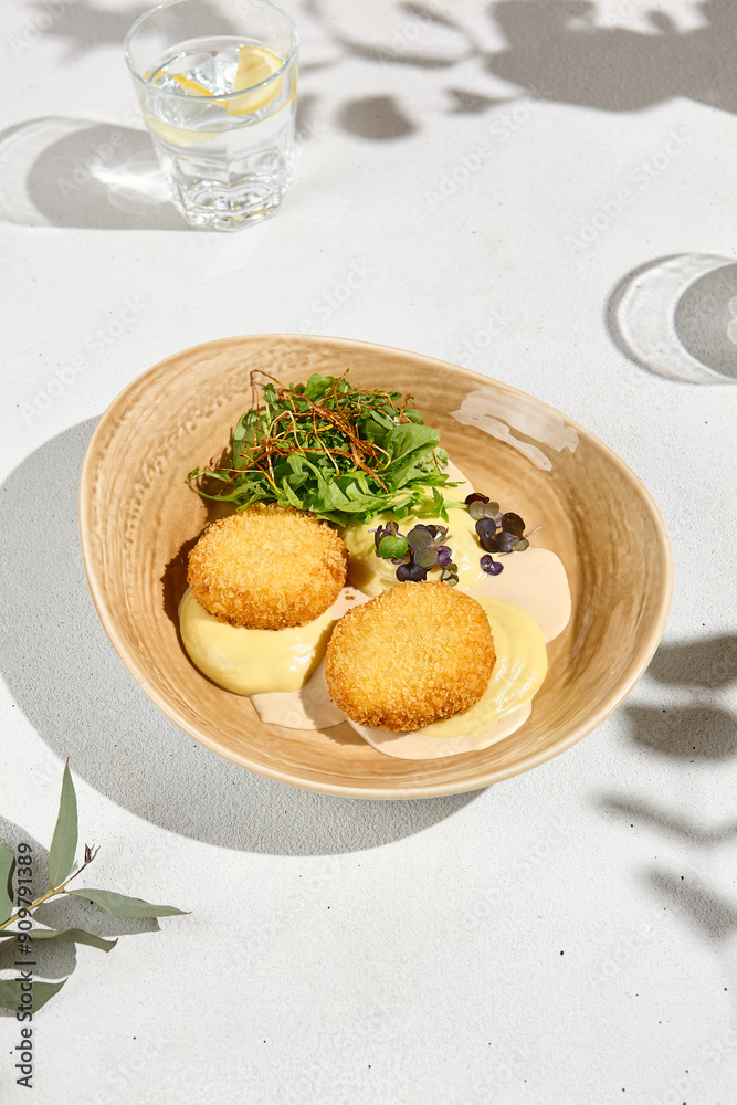 Delicious Mashed Potatoes with Fish Cakes and Bisque Sauce Garnished with Fresh Green Mix Delicious Mashed Potatoes with Fish Cakes and Bisque Sauce Garnished with Fresh Green Mix