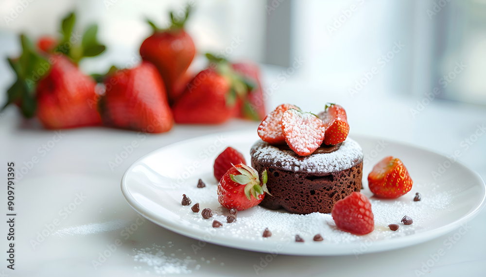 Chocolate fondant (cupcake) with strawberries and powdered sugar Chocolate fondant (cupcake) with strawberries and powdered sugar