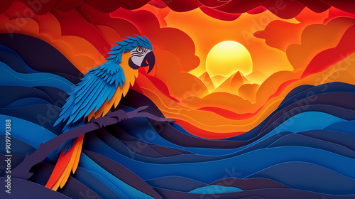 Paper cut design of parrot, colorful vibrant card for children, copy space banner