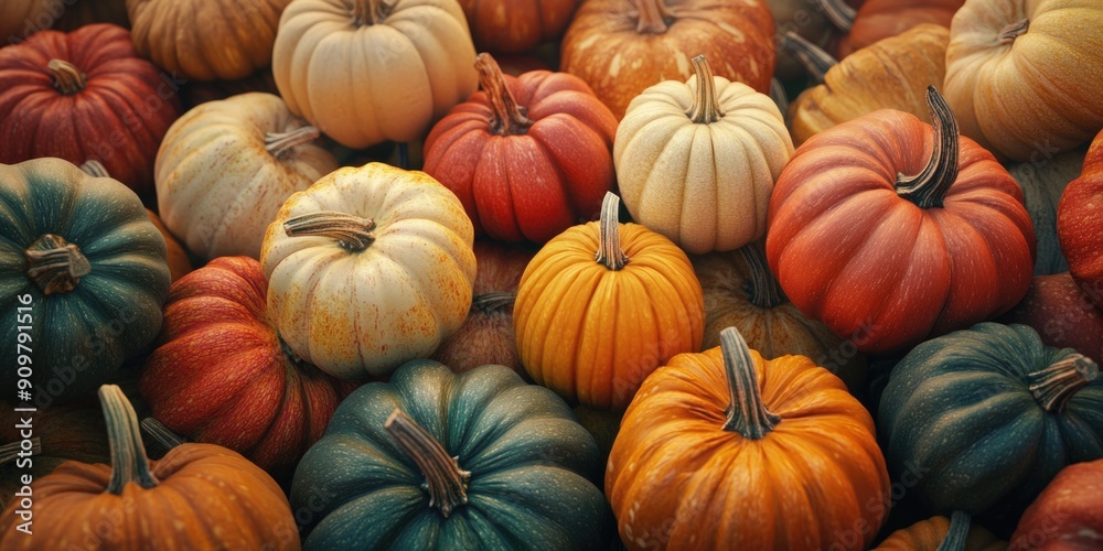 A grouping of small pumpkins stacked one on top of the other, often used for seasonal or autumnal themes A grouping of small pumpkins stacked one on top of the other, often used for seasonal or autumnal themes