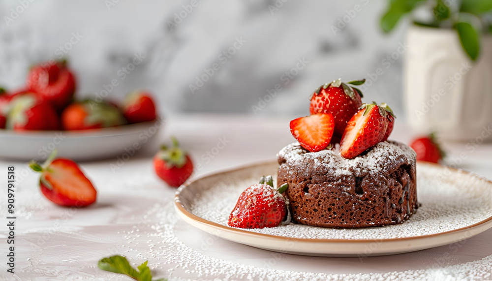 Chocolate fondant (cupcake) with strawberries and powdered sugar Chocolate fondant (cupcake) with strawberries and powdered sugar