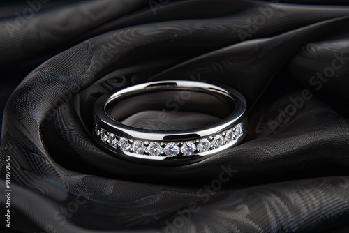 Timeless platinum wedding band with channel-set diamonds on a black silk background