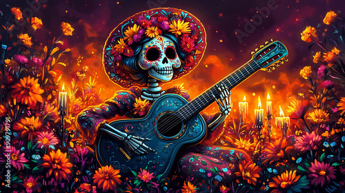 dia de los muertos day of the dead carnival party background, Cinco de Mayo skeleton, skull, catrina spoky and scary backdrop