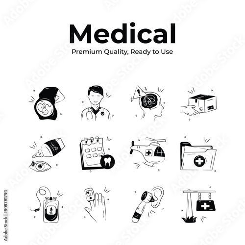 Comprehensive medical icons set showing healthcare professionals, tools, and emergency services.