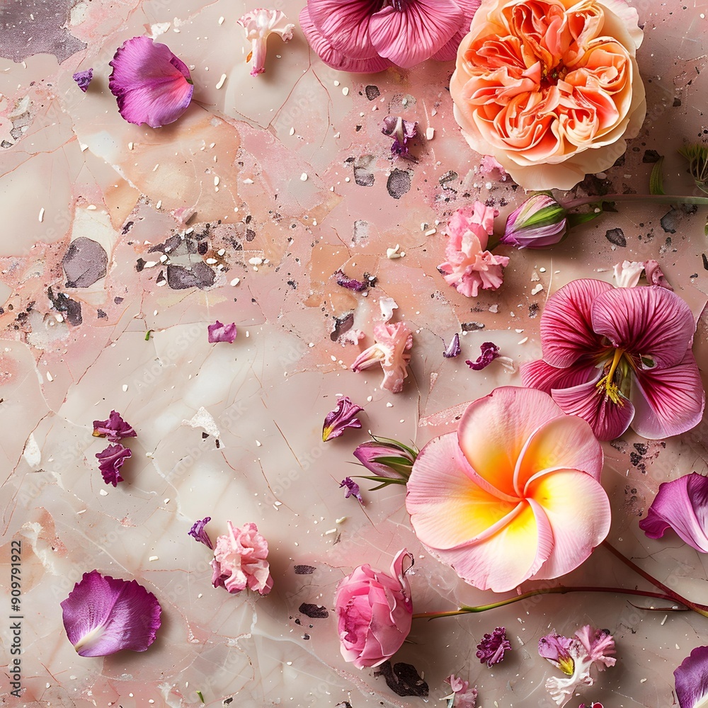 Pink and Yellow Flowers Scattered on Marble Background Pink and Yellow Flowers Scattered on Marble Background