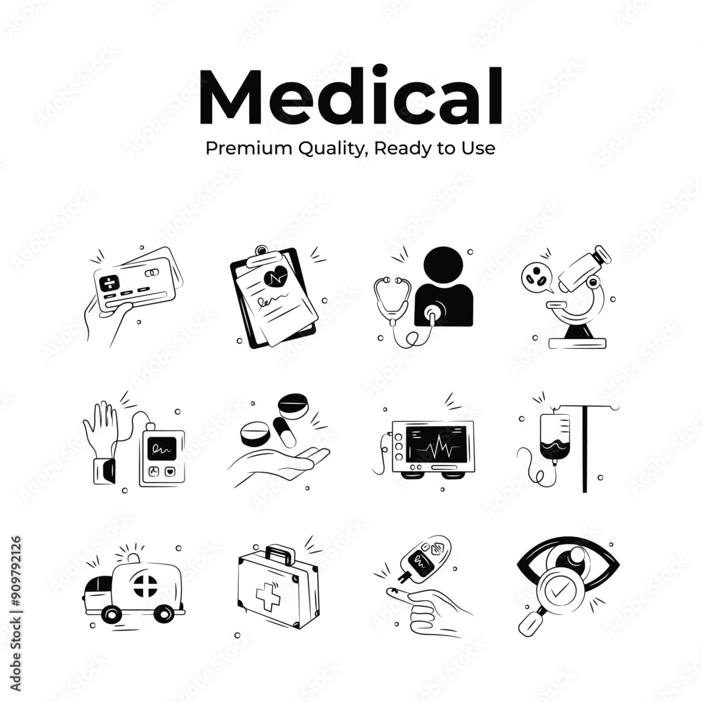 A comprehensive set of medical icons, representing various healthcare ...