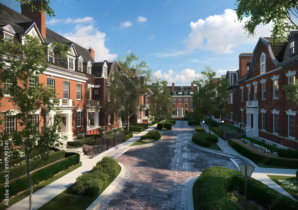 Brick Row Houses on a Cobblestone Street Brick Row Houses on a Cobblestone Street