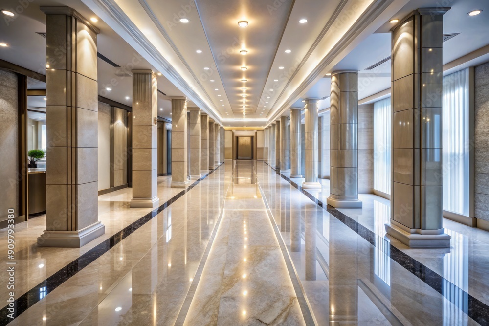 Elegant marble hallway with sleek pillars and a reflective floor stretches into the distance, creating a sense of luxury and sophistication in modern architecture. Elegant marble hallway with sleek pillars and a reflective floor stretches into the distance, creating a sense of luxury and sophistication in modern architecture.