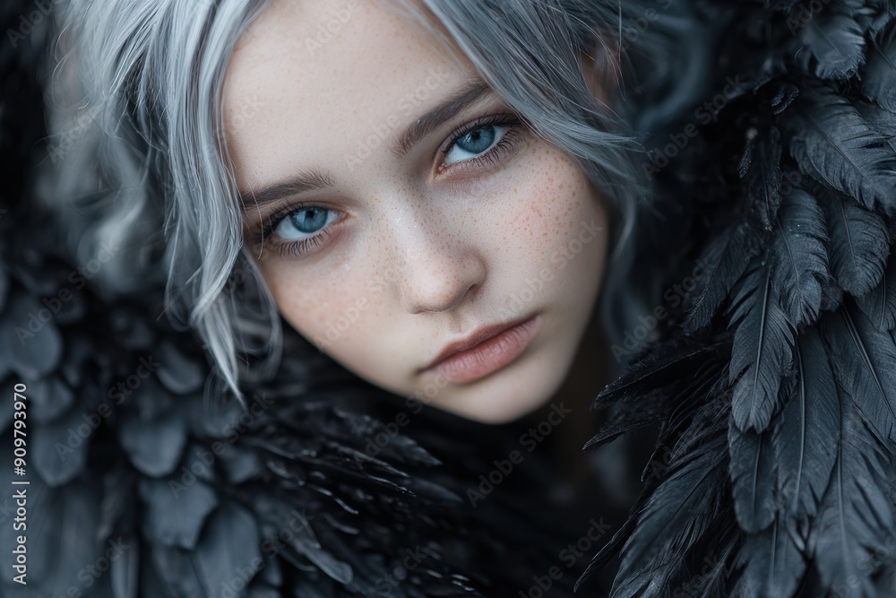 Mysterious woman with silver hair and piercing blue eyes Mysterious woman with silver hair and piercing blue eyes