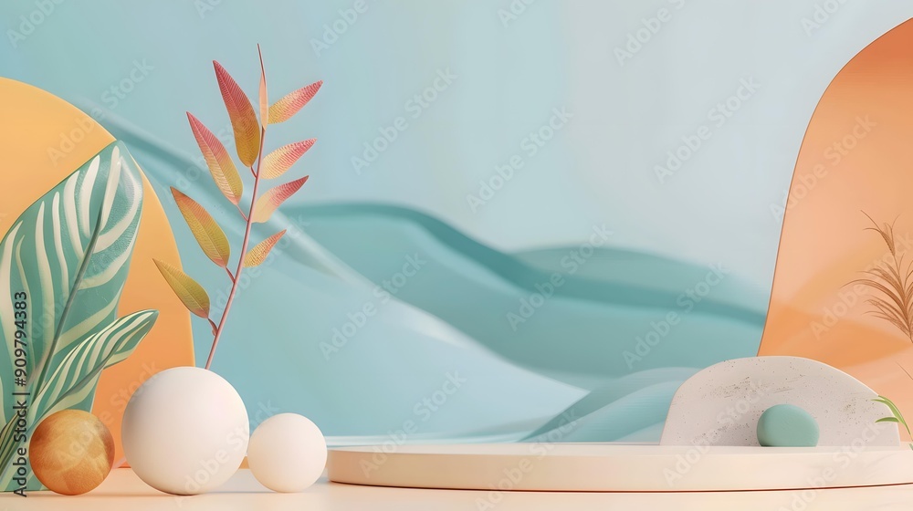 Fototapeta premium Abstract Blue and Orange Background with White Platform and Leaves