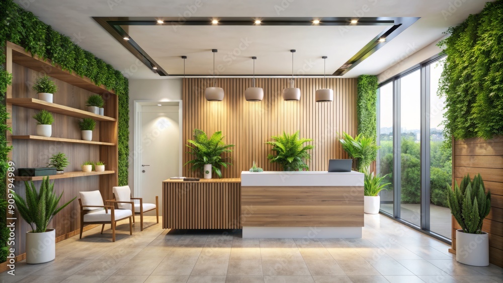 Sleek modern homeopathy clinic interior features lush greenery, natural materials, and minimalist decor, exuding a calming atmosphere in the spacious reception area. Sleek modern homeopathy clinic interior features lush greenery, natural materials, and minimalist decor, exuding a calming atmosphere in the spacious reception area.