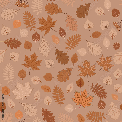autumn seamless background. Vector illustration depicting a lot of fallen leaves of maple, oak, birch, ashberry in restrained brown tones. An autumn-themed drawing