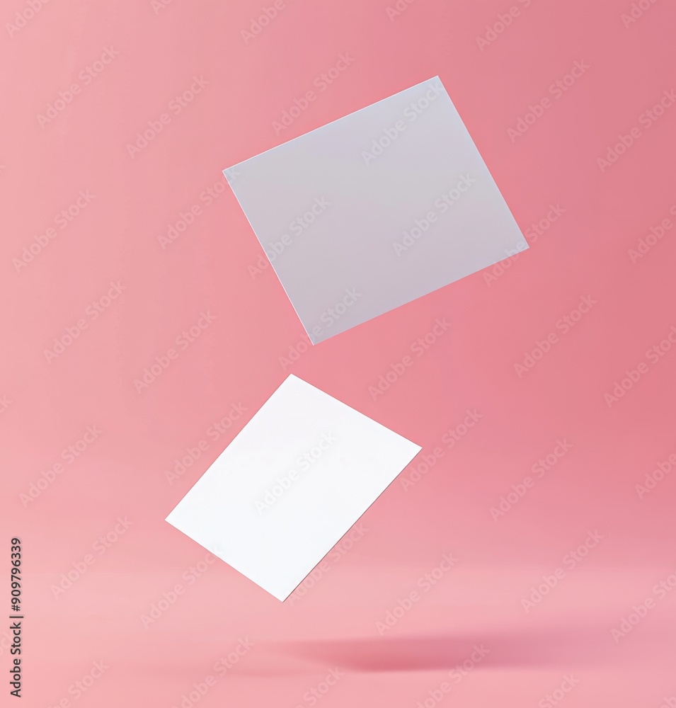 two blank cards or papers floating in the air, behind is a solid color background, mockup type, professional product photography two blank cards or papers floating in the air, behind is a solid color background, mockup type, professional product photography