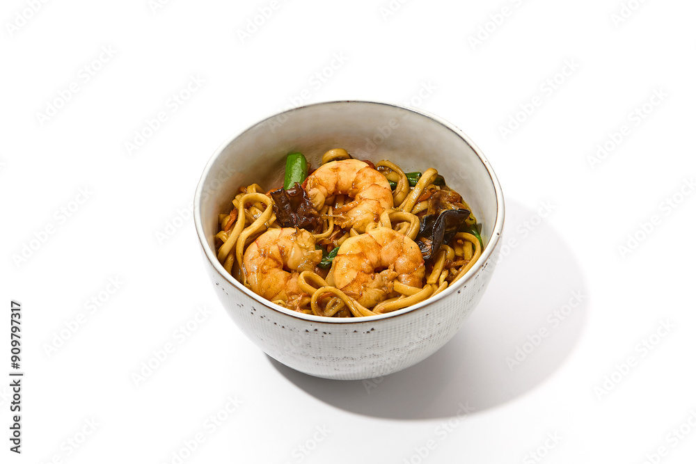 Delicious Shrimp Wok Noodles with Wood Ear Mushrooms on White Background Delicious Shrimp Wok Noodles with Wood Ear Mushrooms on White Background