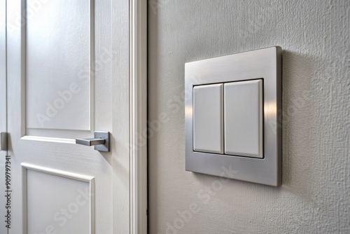 Modern light switch with mechanical flip buttons mounted on a gray wall near a white door with a metal handle, a sleek design element in a contemporary apartment.