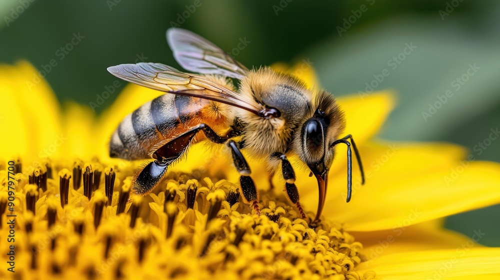 close-up of a bee pollinating a yellow flower close-up of a bee pollinating a yellow flower