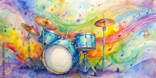 Wallpaper Mural Vibrant drum set placed in front of colorful musical notes and swirling patterns, evoking the joy and energy of a child's playful rhythmic expression. Torontodigital.ca