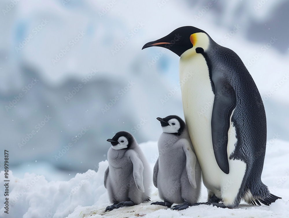 Fototapeta premium Emperor Penguin With Two Chicks Standing On Snowy Ice In Antarctica