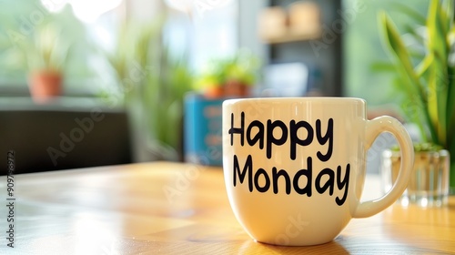 happy monday coffee cup stand on table