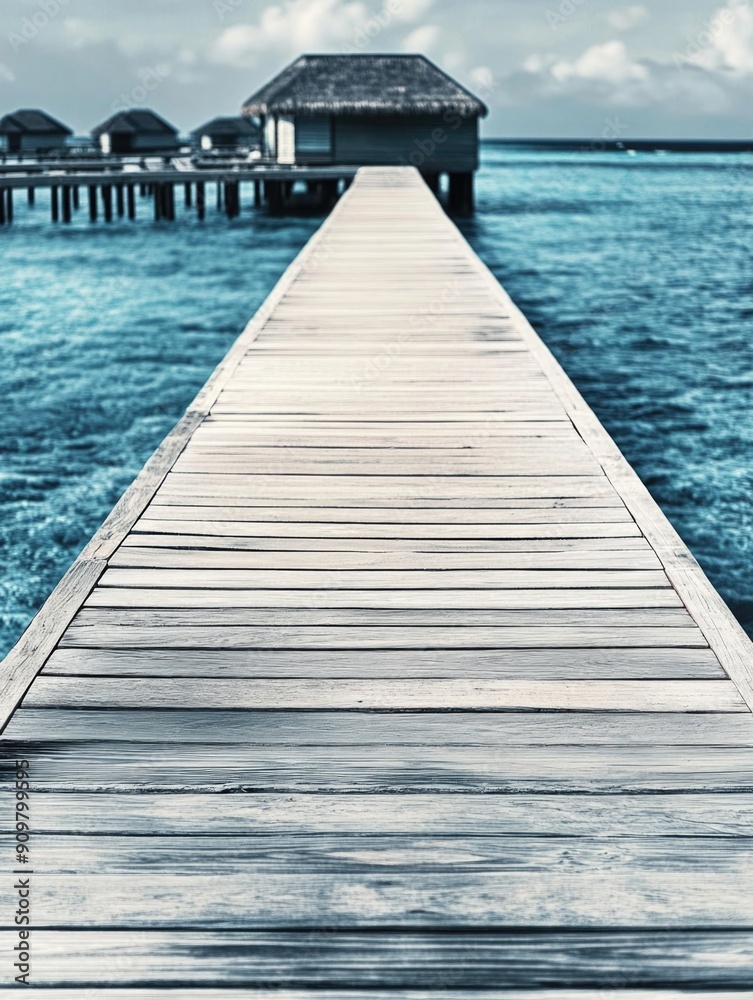 Fototapeta premium A wooden pier extends into the ocean, great for beach and coastal scenes