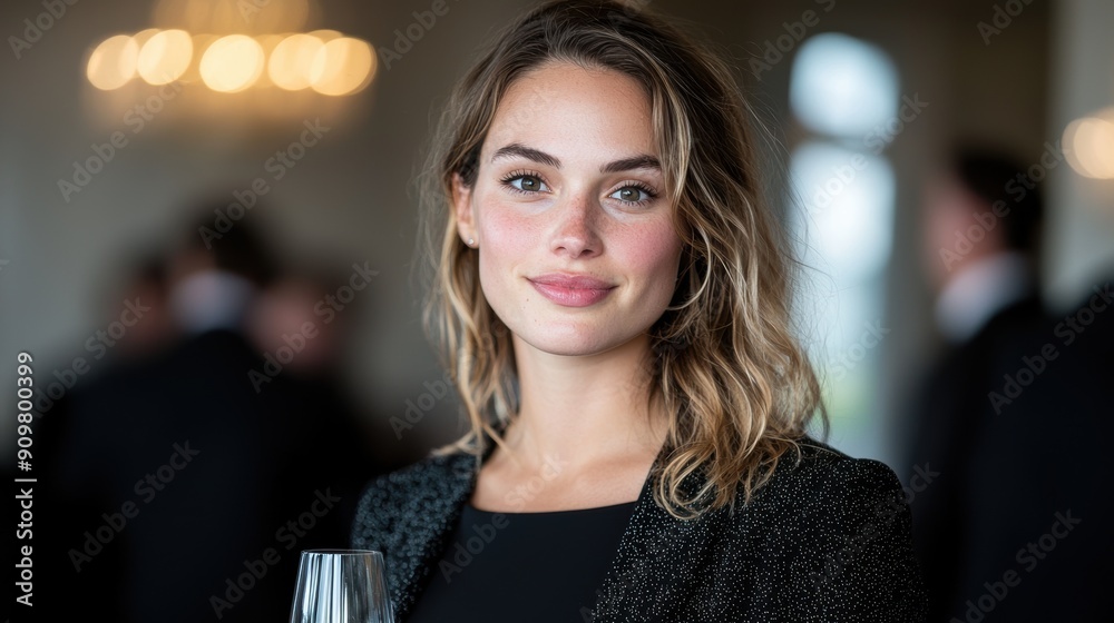 Fototapeta premium Elegant woman with wavy hair posing in front of lights