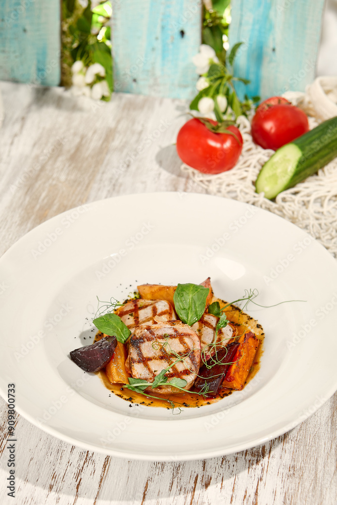 Juicy Grilled Pork Medallions with Roasted Vegetables on Rustic Wooden Table in Sunlight Juicy Grilled Pork Medallions with Roasted Vegetables on Rustic Wooden Table in Sunlight