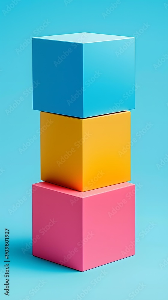 Fototapeta premium Abstract Stacked Cubes With Blue Yellow And Pink Colors Minimalist Design