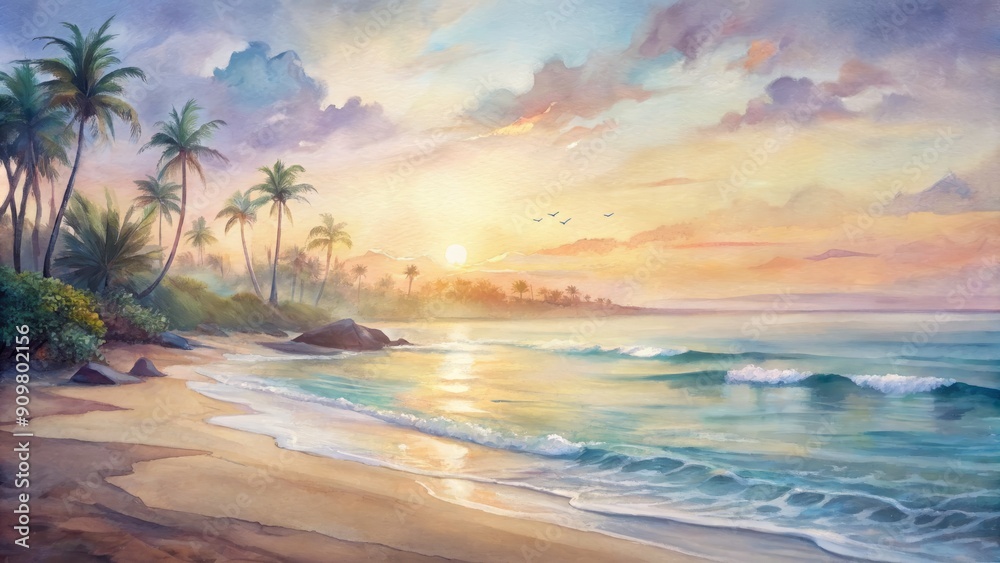 Soft warm light illuminates a tranquil beach scene at dawn, with gentle waves caressing the shoreline and palm trees swaying in the calm morning breeze.