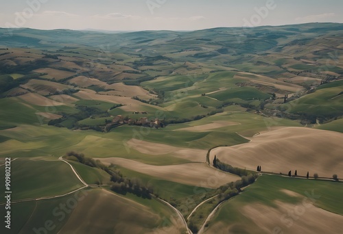 province Siena Crete aerial Senesi hills Tuscany view spring April lakes Sky Summer Travel Nature Landscape Road Garden Green Sunset Italy Europe Plants Meadow Harvesting Country house Va photo