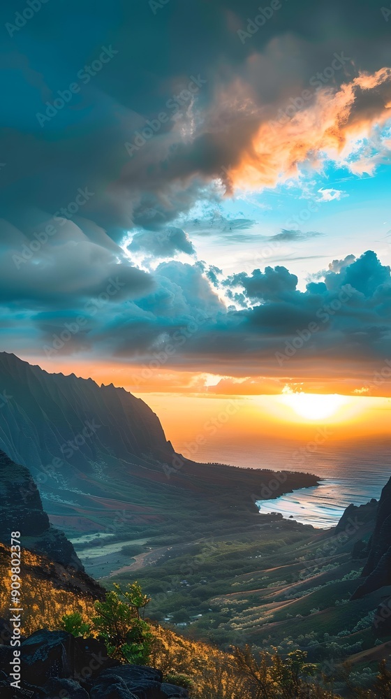 Fototapeta premium Sunset Over Mountains And Ocean