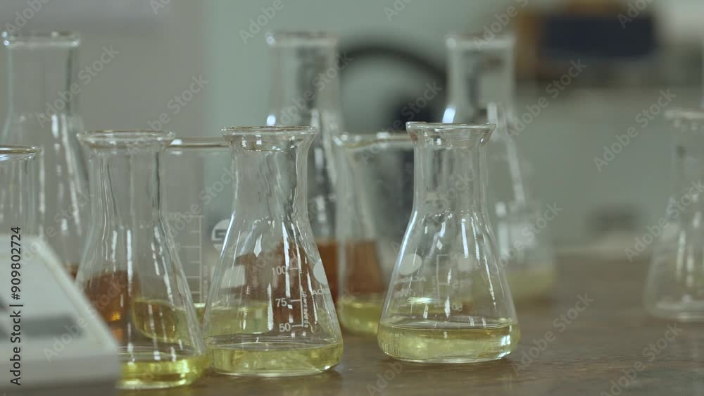 Pan to a close up shot of conical flasks, which has yellow solution in them. In the laboratory. Pan to a close up shot of conical flasks, which has yellow solution in them. In the laboratory.