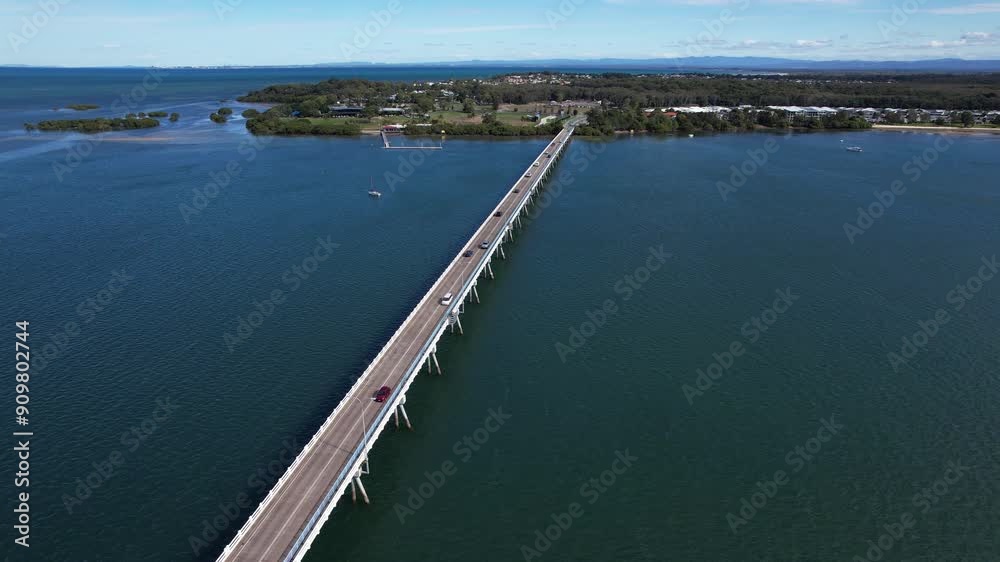 Bribie Island Bridge In Sandstone Point, Queensland, Australia - Drone Shot Bribie Island Bridge In Sandstone Point, Queensland, Australia - Drone Shot