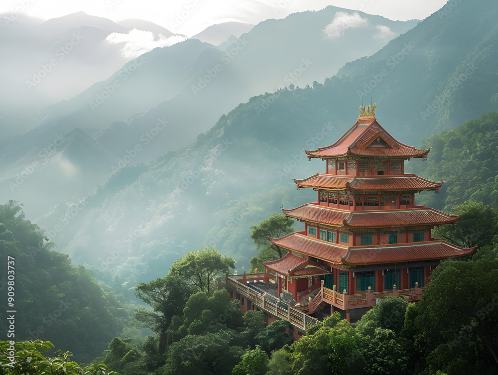 Peaceful temple with traditional architecture, surrounded by lush green mountains under a clear sky. Peaceful temple with traditional architecture, surrounded by lush green mountains under a clear sky.