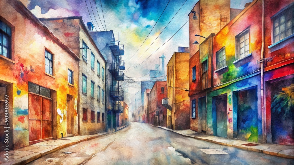 Fototapeta premium Tętniąca życiem miejska sceneria uliczna z kolorowymi budynkami pokrytymi graffiti, starymi ceglanymi ścianami i zniszczonymi znakami, przywodzącymi na myśl surową, artystyczną i dynamiczną atmosferę miasta.