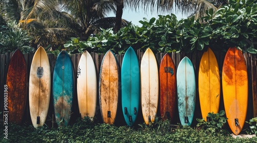 A colorful row of surfboards lined up against a wooden fence with lush tropical greenery in the background.
