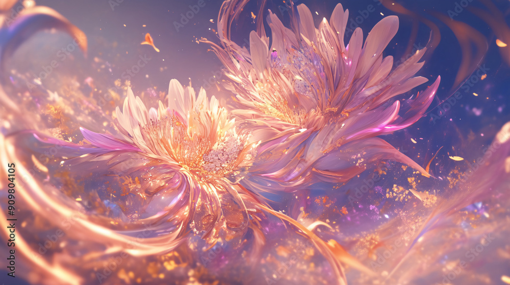 A stunning digital artwork featuring two blooming flowers amidst swirling colors and golden accents, creating a magical and vibrant scene. A stunning digital artwork featuring two blooming flowers amidst swirling colors and golden accents, creating a magical and vibrant scene.