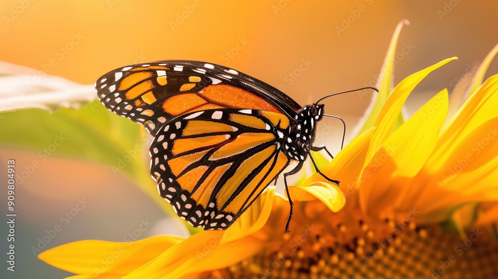 Fototapeta premium A vibrant butterfly perched on a bright sunflower, capturing the essence of nature's beauty in a sunlit setting.
