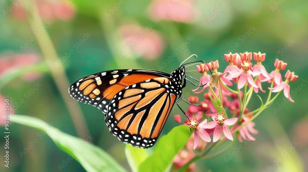 Close-up of a monarch butterfly feeding on milkweed, showcasing the symbiotic relationship, monarch butterfly milkweed, ecology, wildlife interaction Close-up of a monarch butterfly feeding on milkweed, showcasing the symbiotic relationship, monarch butterfly milkweed, ecology, wildlife interaction