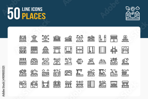 Set of 50 Places icons related to Castle, Lighthouse, Tower, Mansion Line Icon collection
