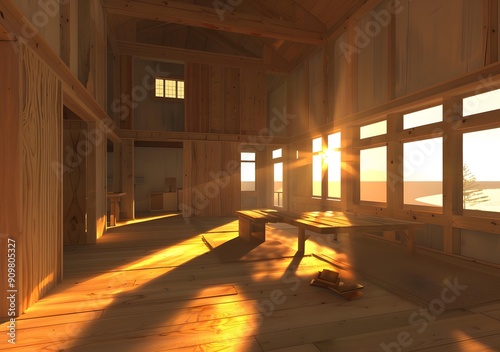 Wooden House with Sunlight Streaming Through Windows