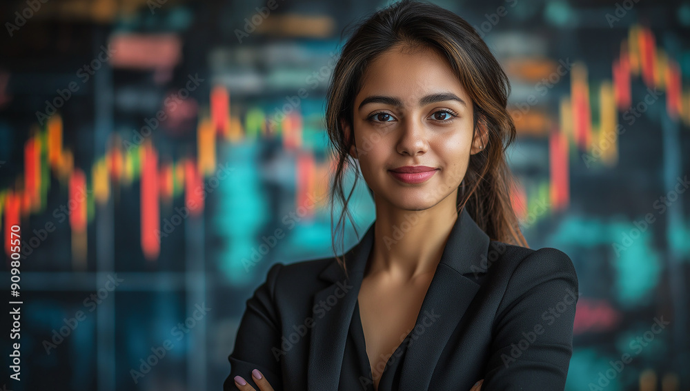 Obraz premium Stock market concept with proud trader woman on digital screen background with glowing yellow and blue financial chart graphs and diagrams