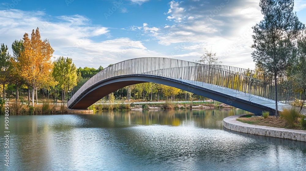 Φωτογραφία Madrid, Spain: The Arganzuela Footbridge, a modern metal bridge located in the Madrid Río green park, near Madrid Beach and spanning across the Manzanares River